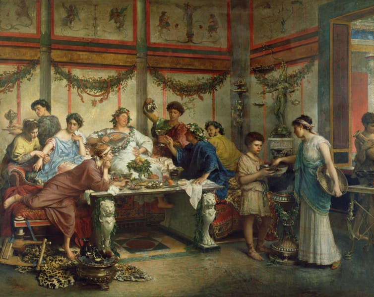 Oil painting of people feasting