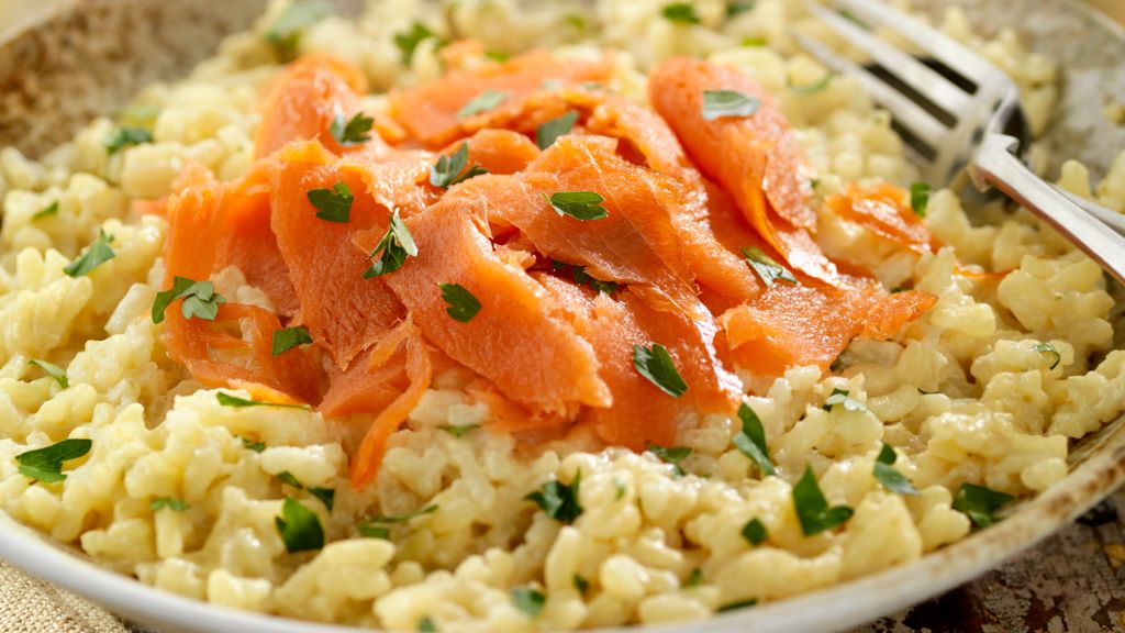 Risotto au lard fumé & saumon rose snacké